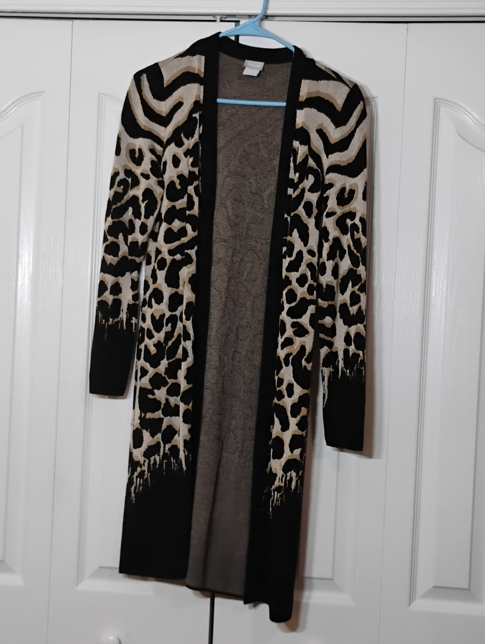 Long Open-Front Animal Print Cardigan Sweater - Black and Cream